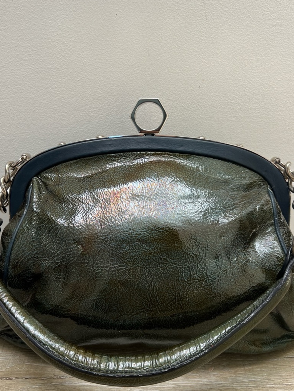 Zac Posen Metallic Olive Green Women's Frame-Top Shoulder Bag